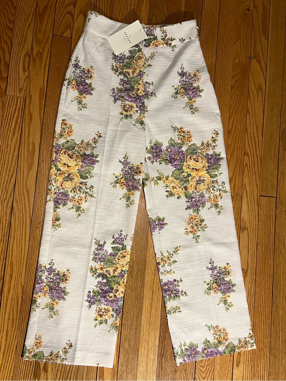 Sezane Cream Floral Wide Leg Pants with Green & Purple Accents NWT - Picture 2 of 4